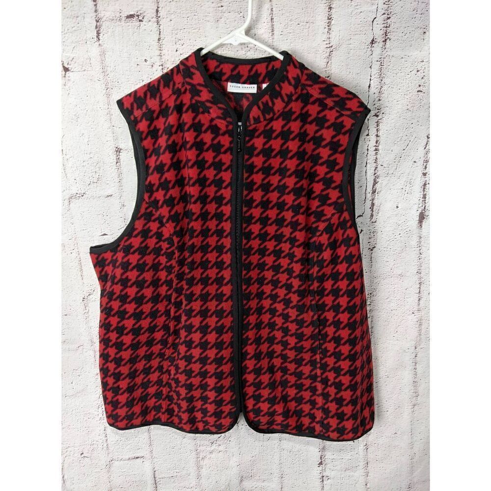 Susan Graver Fleece Red & Black‎ Houndstooth Full zip Vest Plus size 2X